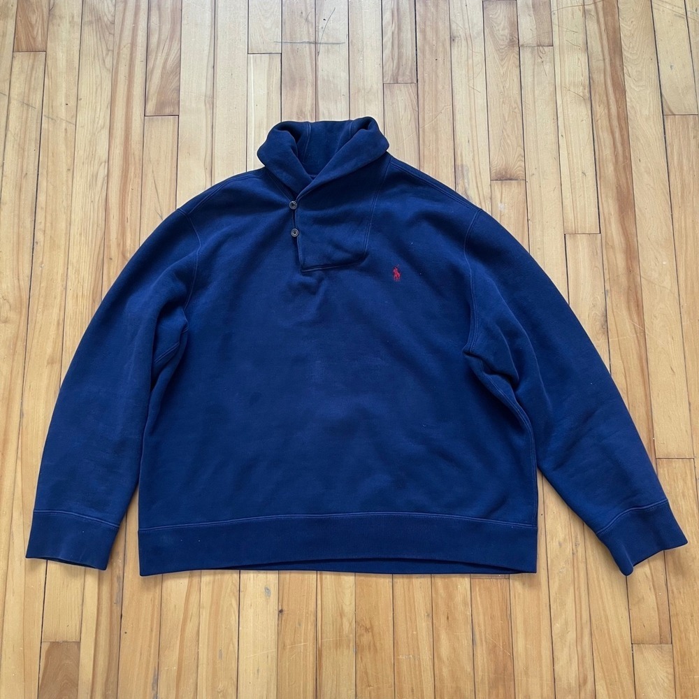 Vintage Polo Ralph Lauren Mens XXL Navy Blue Shawl Collar Button Sweatshirt